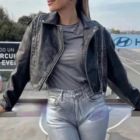 Zara Faux Leather Grey Cropped Biker Jacket Size S - Picture 1 of 8